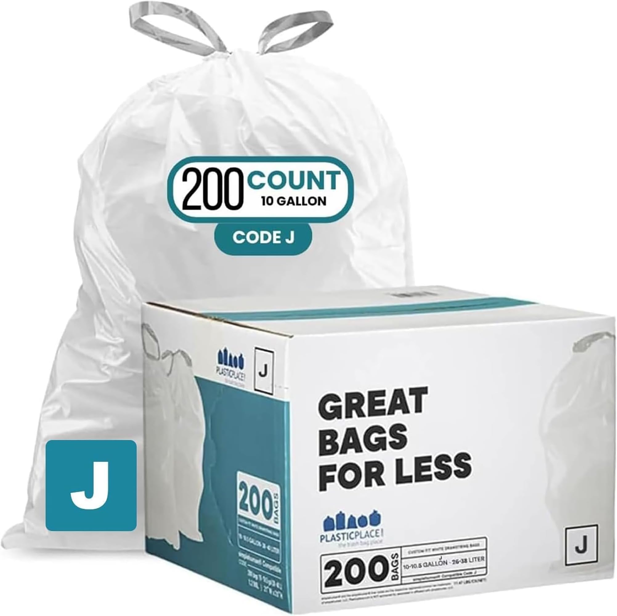 Plasticplace Custom Fit Trash Bags Compatible with Simplehuman Code J - 10-10.5 Gallon Drawstring Garbage Bags, Tear-Resistant, 200 Count White Trash Can Liners for Kitchens, Bathrooms & Offices