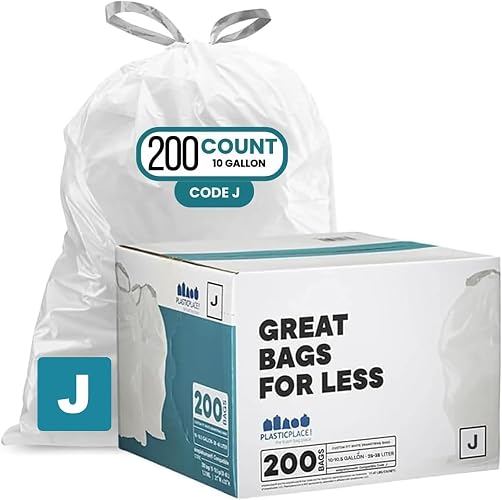 Plasticplace Custom Fit Trash Bags Compatible with Simplehuman Code J - 10-10.5 Gallon Drawstring Garbage Bags, Tear-Resistant, 200 Count White Trash Can Liners for Kitchens, Bathrooms & Offices