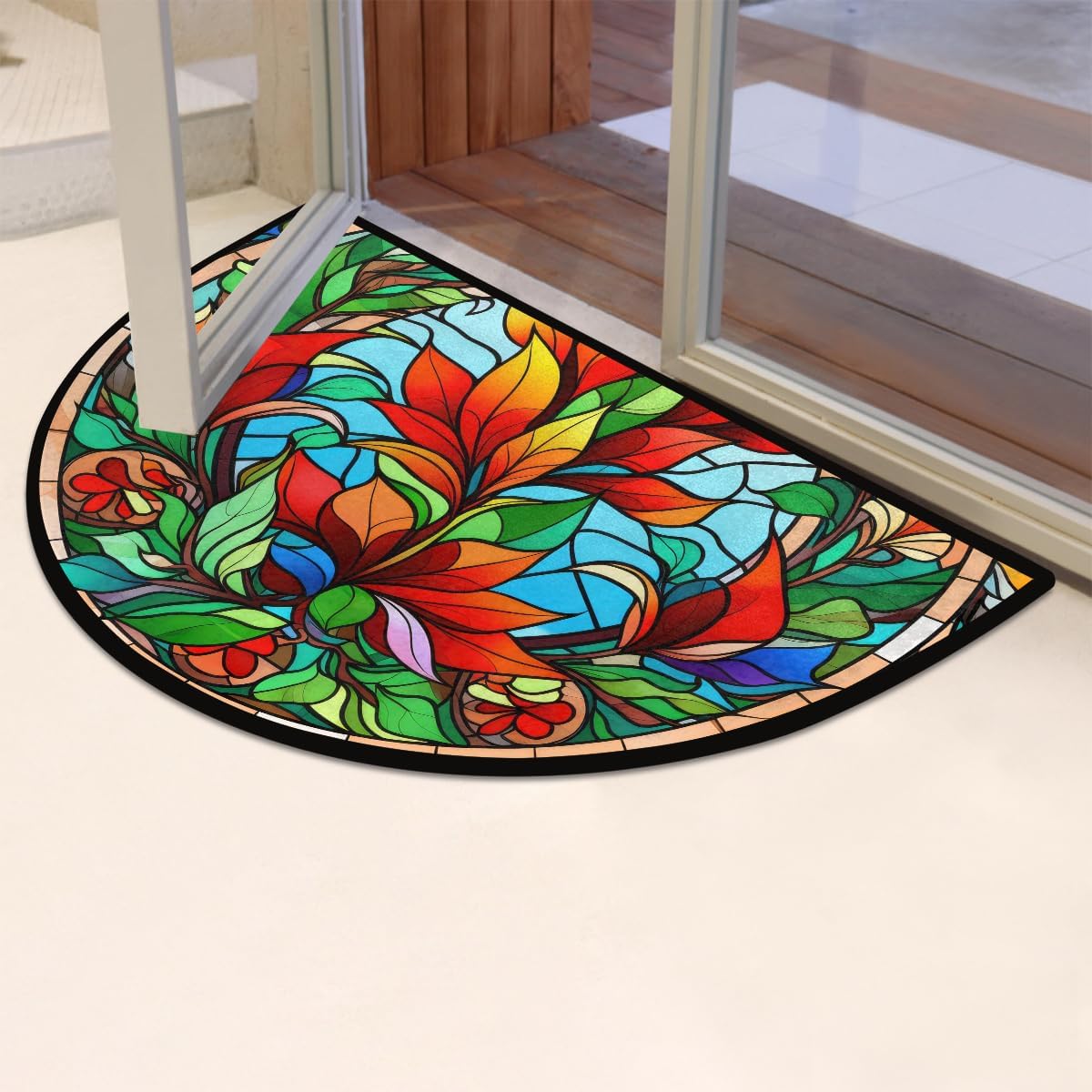 Christmas Poinsettia Flowers Half Round Door Mat Non Slip Washable Semi Circle Area Rug Absorbent Soft Half Moon Rug Floor Mat for Indoor Outdoor Kitchen Bathroom Patio Front Door Mat Decor,a-10