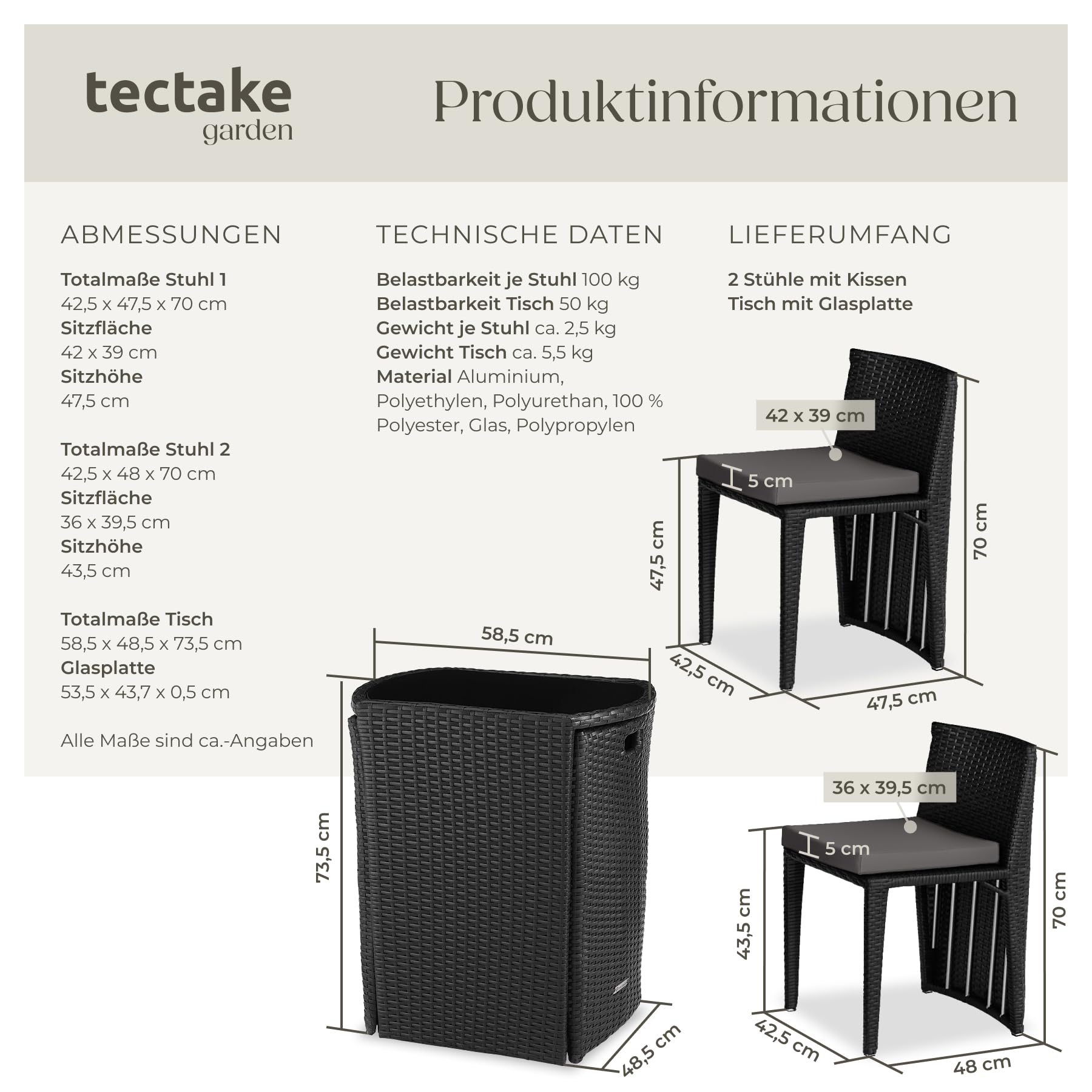 tectake® Poly Rattan Bistroset mit Aluminium Gestell, platzsparend zusammenschiebbar, Gartenmöbel Set mit 2 Stühlen & Tisch, Outdoor Möbel, Sitzgruppe für Garten Wintergarten Balkon Terrasse - schwarz