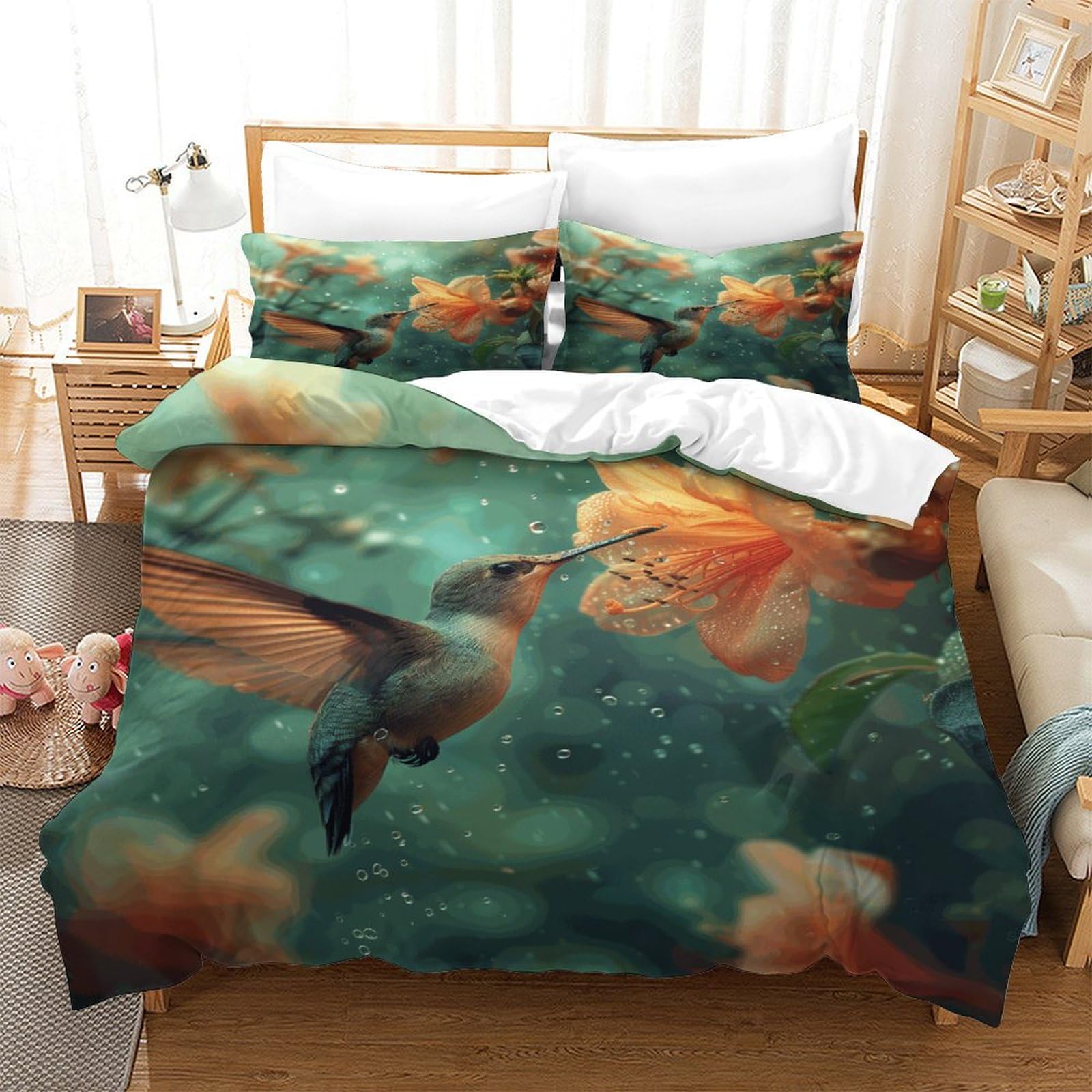P1S9U7W5Y Floral Bird 3D Printed Microfiber Duvet Cover Set 3pcs Artistic Hummingbird Bedding Set Double（200x200cm）