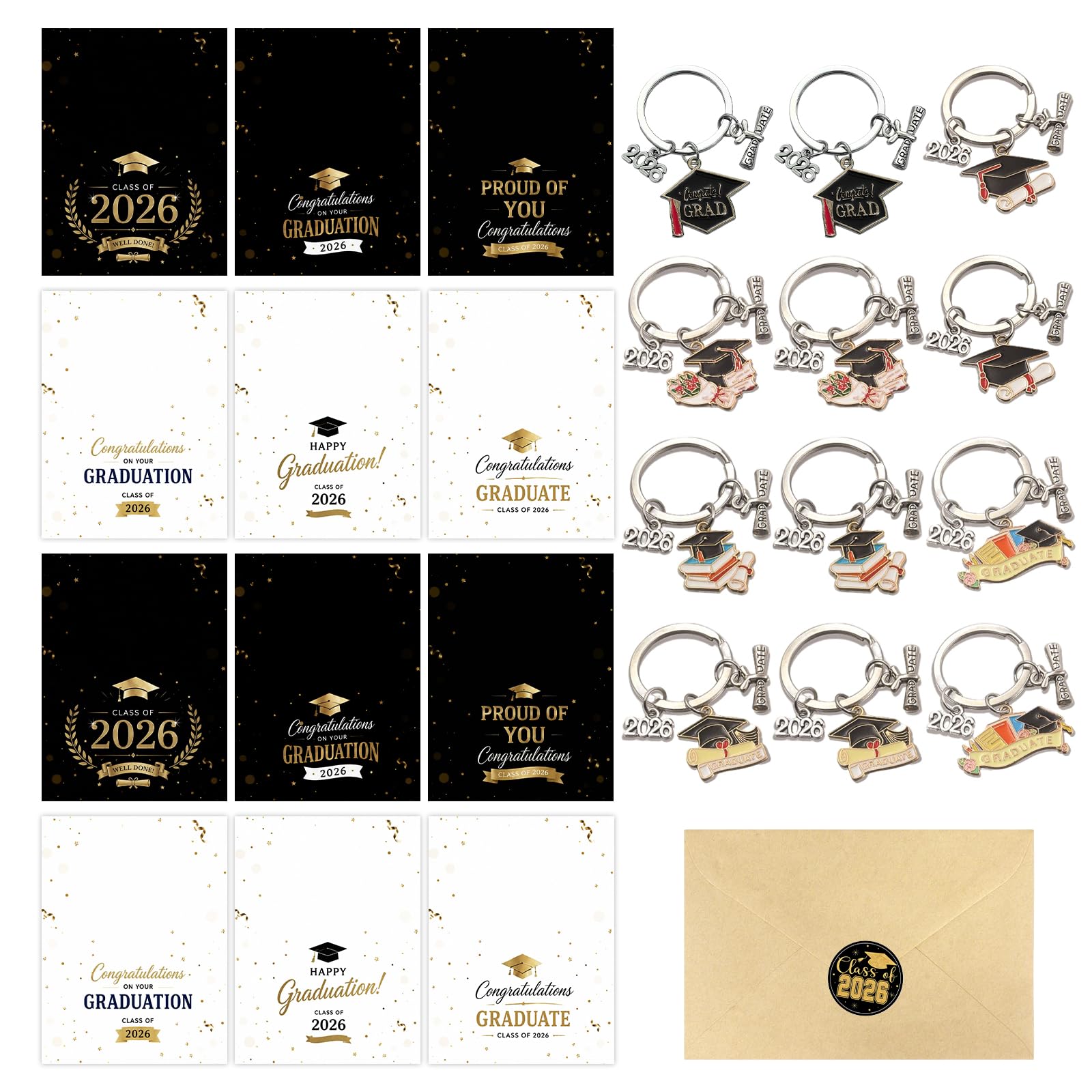 12 Sets Class of 2026 Graduation Gifts - Keyring & Graduation Card with Envelopes, Congratulations Gifts for Boys and Girls Leaving School, Ideal Gifts for Students from Teachers