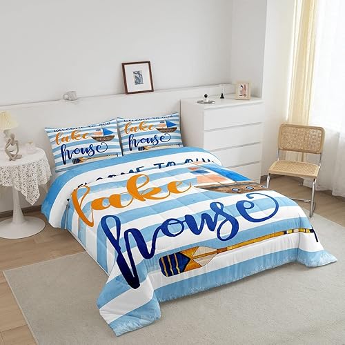 Miniatura 2 de Erosebridal Juego de edredón de casa del lago para niños, juego de ropa de cama náutica de barco de vela para niños y niñas, juegos de edredón de