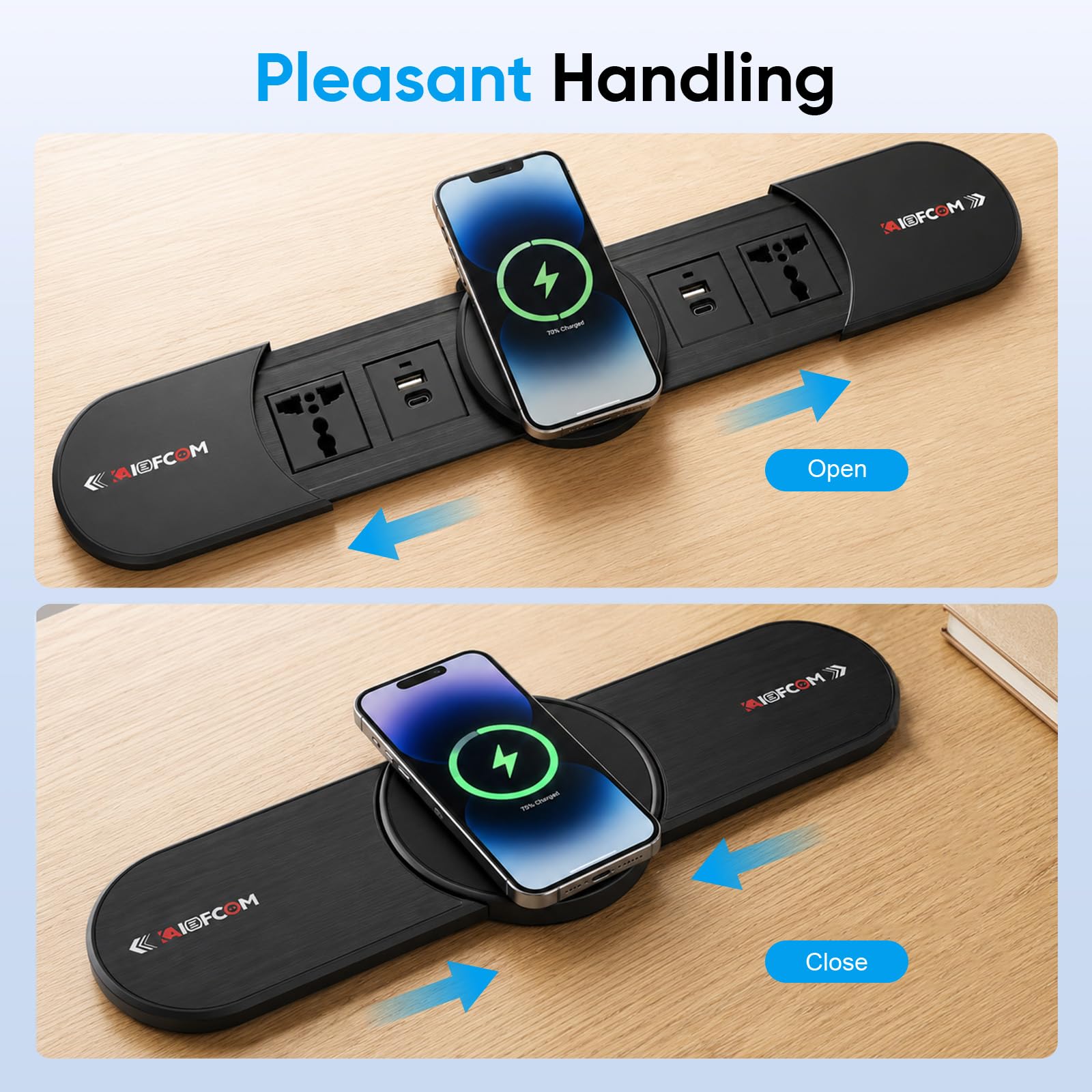 Ciabatta elettrica da incasso con 2 coperchi scorrevoli in metallo, presa a scomparsa, 4 prese con funzione di ricarica wireless da 15 W, 2 AC 2 USB A e 2 USB C, presa da tavolo a scomparsa per