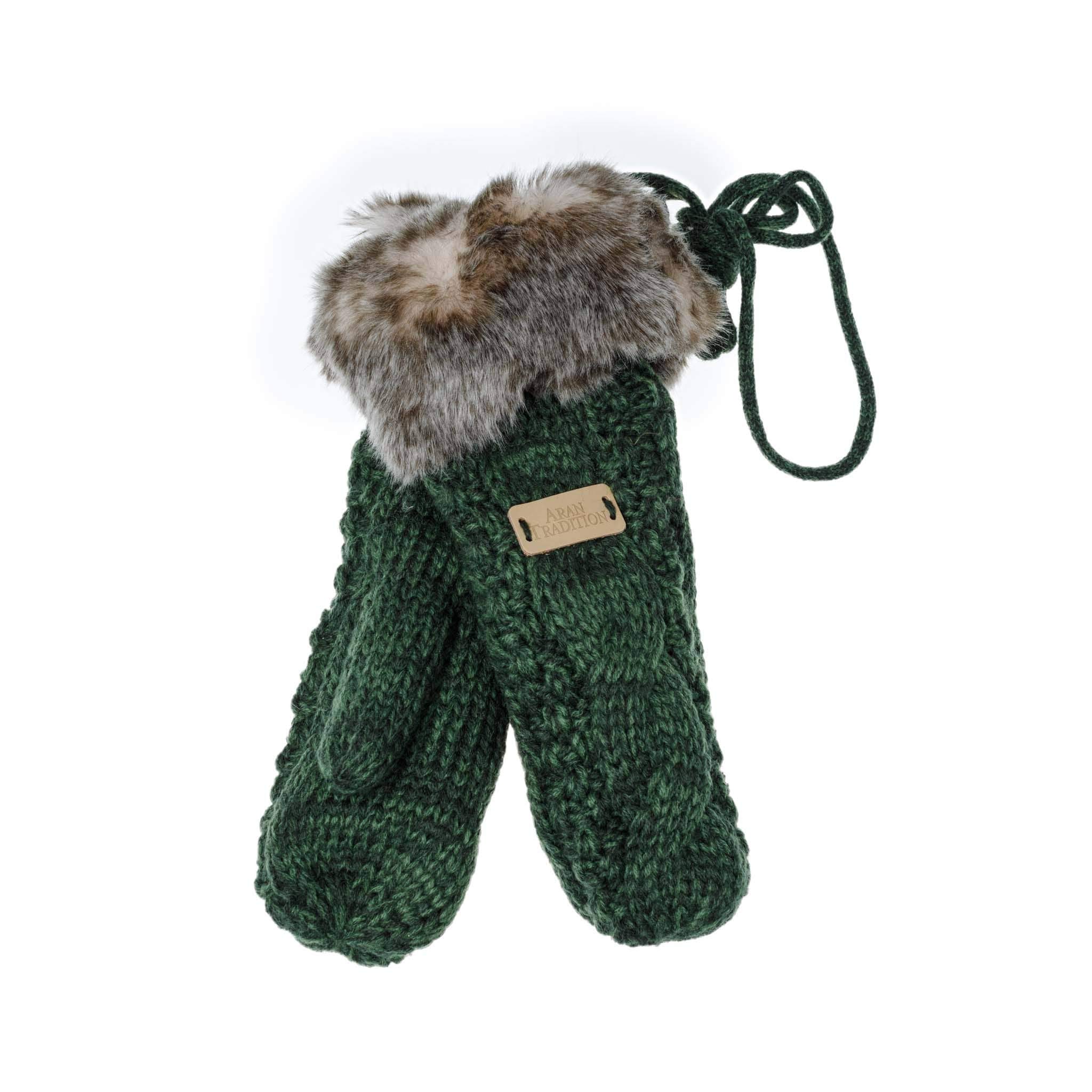 Aran Traditions Winter Womens Faux Fur Mittens (Dark Green)