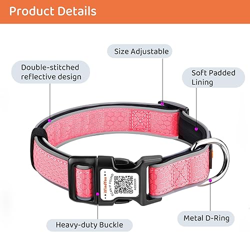 Miniatura 30 de Collar reflectante para perro con etiqueta de código QR, collar de perro personalizado, visibilidad nocturna de seguridad, función antipérdida Negro