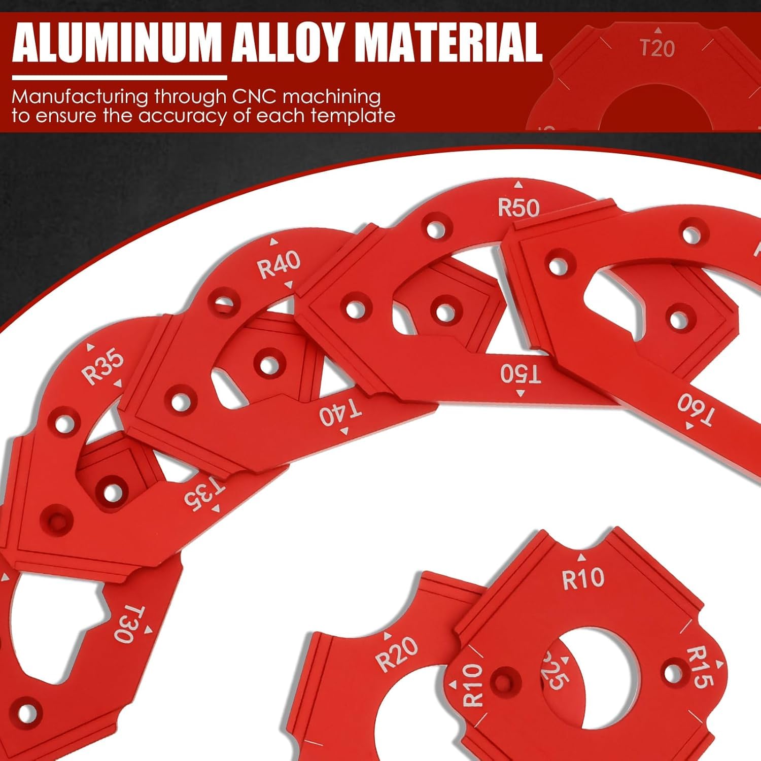 7 Pezzi Modello per Raggio d'angolo del Router, Modelli di Router Fresatura in Lega di Alluminio, per La Lavorazione del Legno R10 R15 R20 R25 R30 R35 R40 R50 R60 T10 T20 T30 T35 T40 T50 T60