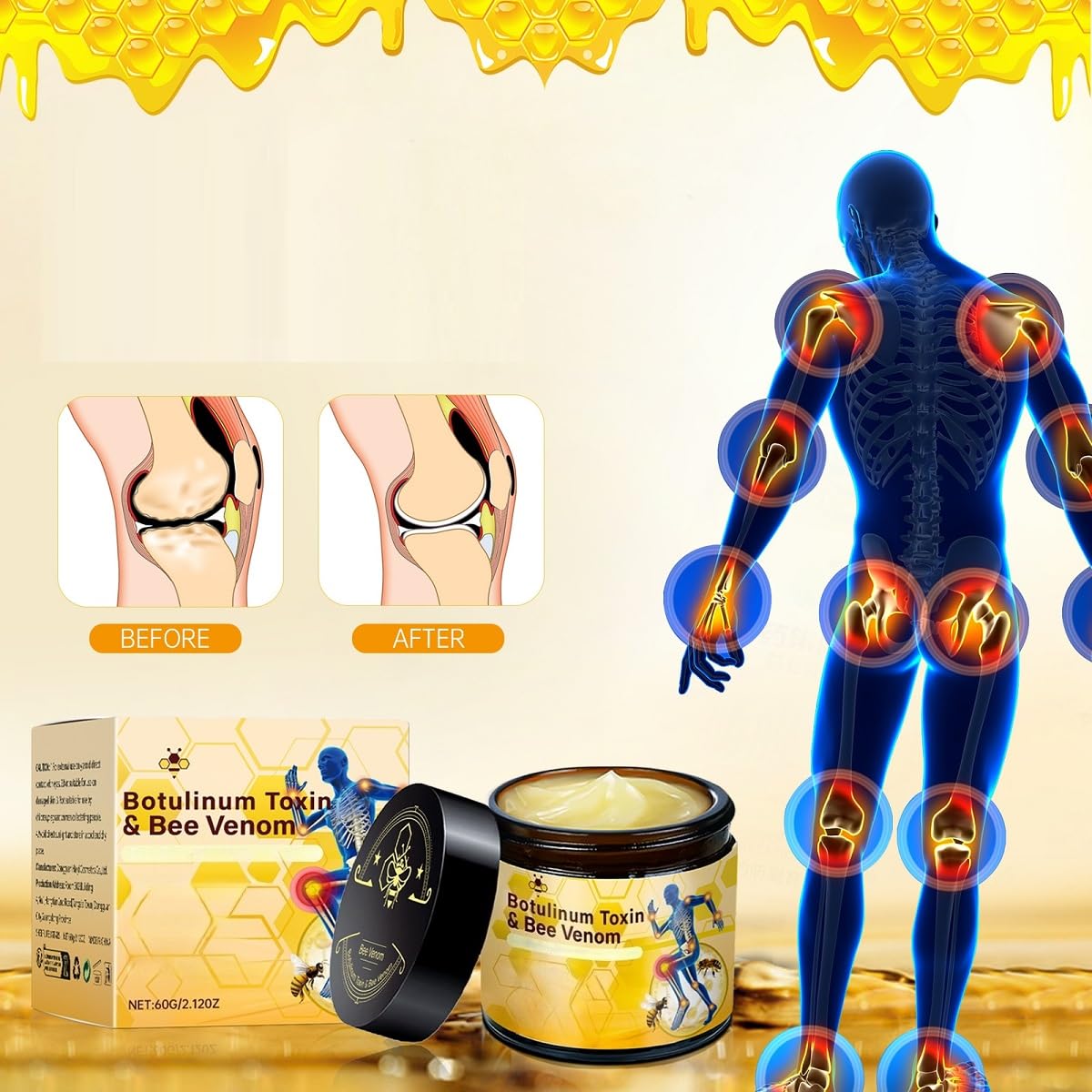 2 Pcs Bee Venom Joint Cream, Joint Activities Throughout Release Soothing Massage Gel for Neck, Back, Hands, Feet.
