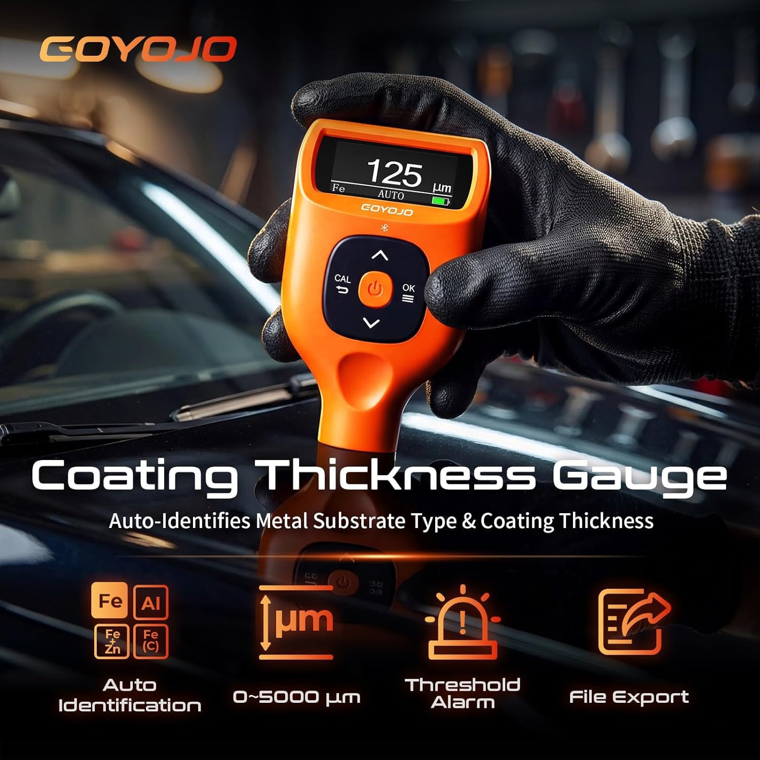 GOYOJO Lackschichtdickenmessgerät mit App, 0–5000 μm (0–179 mils), automatische Fe/Al/Zn/Fe(C)-Erkennung, 0,1 μm Auflösung, ±(2% + 1 μm) Genauigkeit für Lackprüfungen