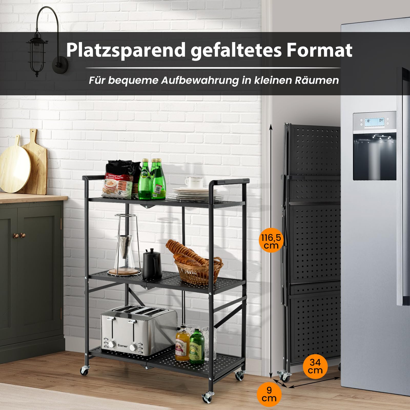 COSTWAY Servierwagen klappbar, Küchenwagen mit 4 Rollen, 2 feststellbar, 3 Etagen Metallregal, Allzweckwagen für Küche Büro Garage Wohnzimmer, Beistellwagen Stabil, Rollwagen Metall, Schwarz