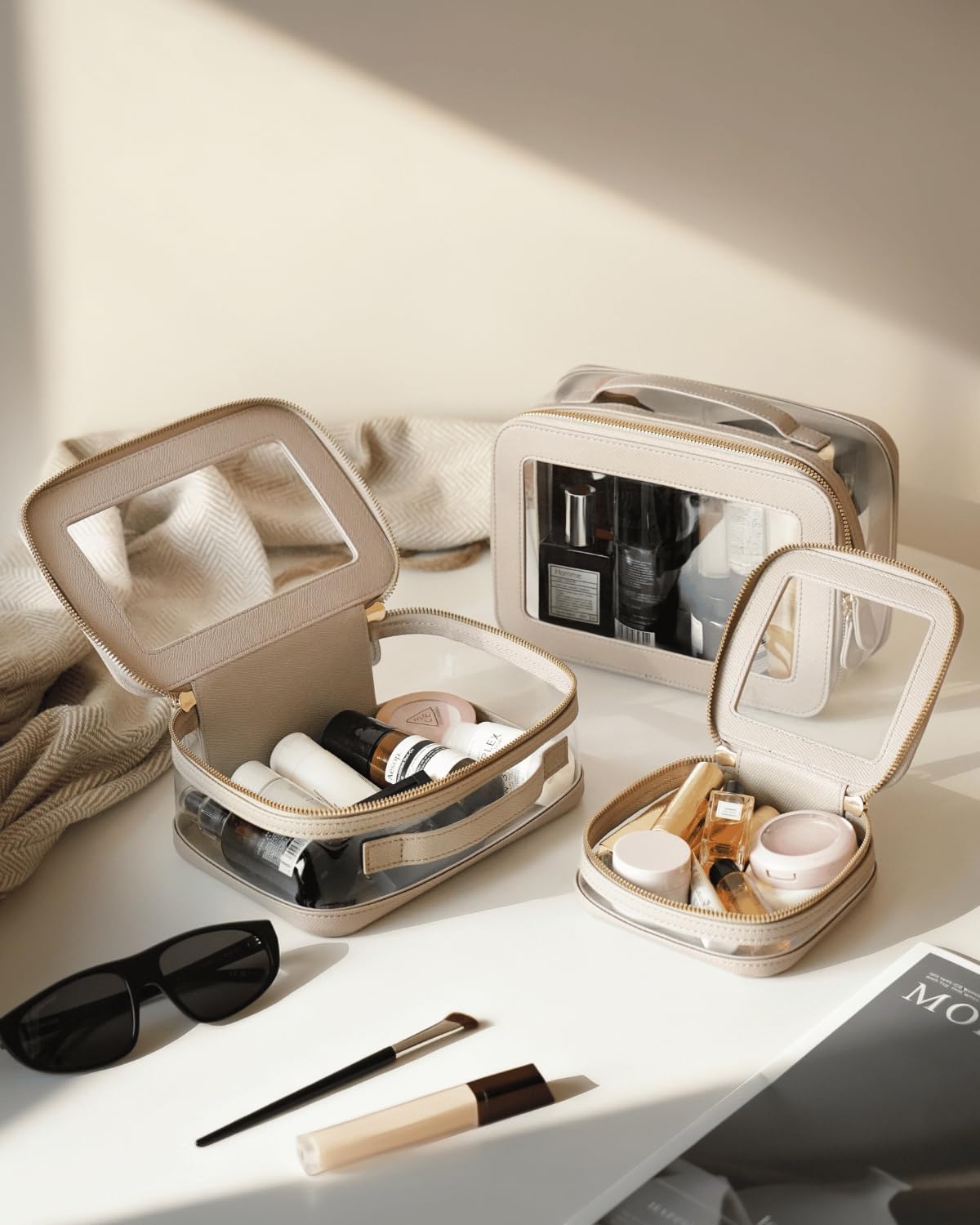 Clear Cosmetic Bag Set for Women Makeup Bag with Handle, 3 Pcs Travel Toiletry Bag Transparent Cosmetic Case Portable Make Up Organizer Bag for Essentials (Stone, Mini+S+L) - Image 2