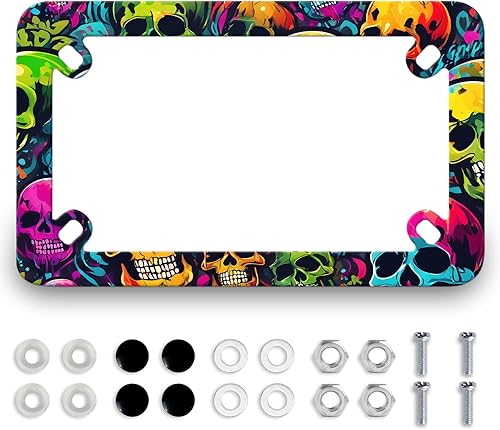 Marco de placa de matrícula de motocicleta de acero inoxidable con calavera colorida, marco de placa de calaveras geniales, divertido accesorio de