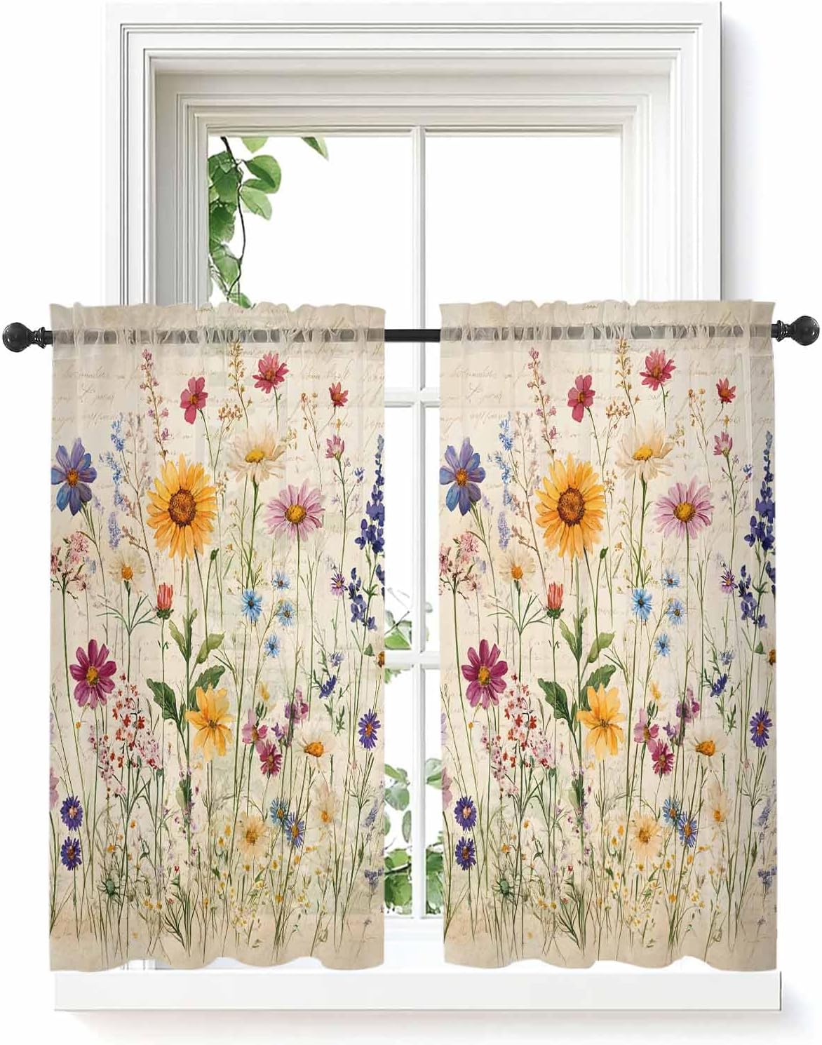 Botanical Floral Sheer Curtains for Bedroom Living Room Window Tier Curtain 45 Inch Length, Retro Purple Pink Yellow Wildflowers Rod Pocket Voile Drapes Kitchen Curtains Small Half Window 2 Panels