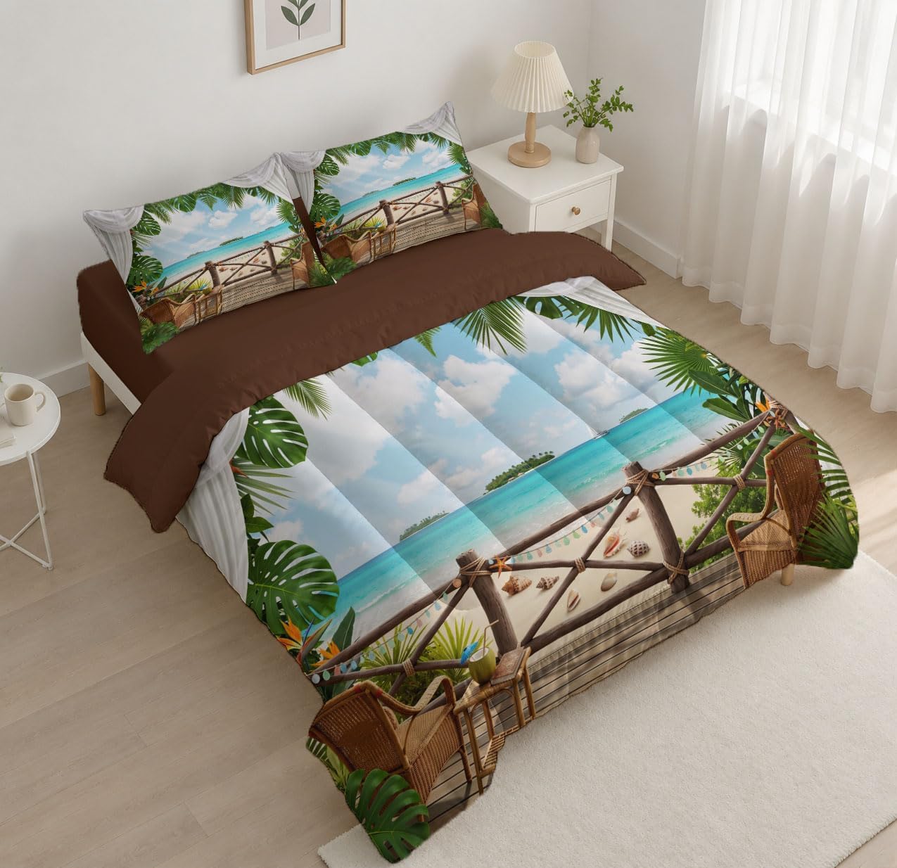 Realistic Landscape Comforter Set King Size, Seascape Plants Bedding Set for Girls Boys, Brown Quilt Bed 104"X90" Bedding Comforter Sets with 2 Pillowcase Room Decor