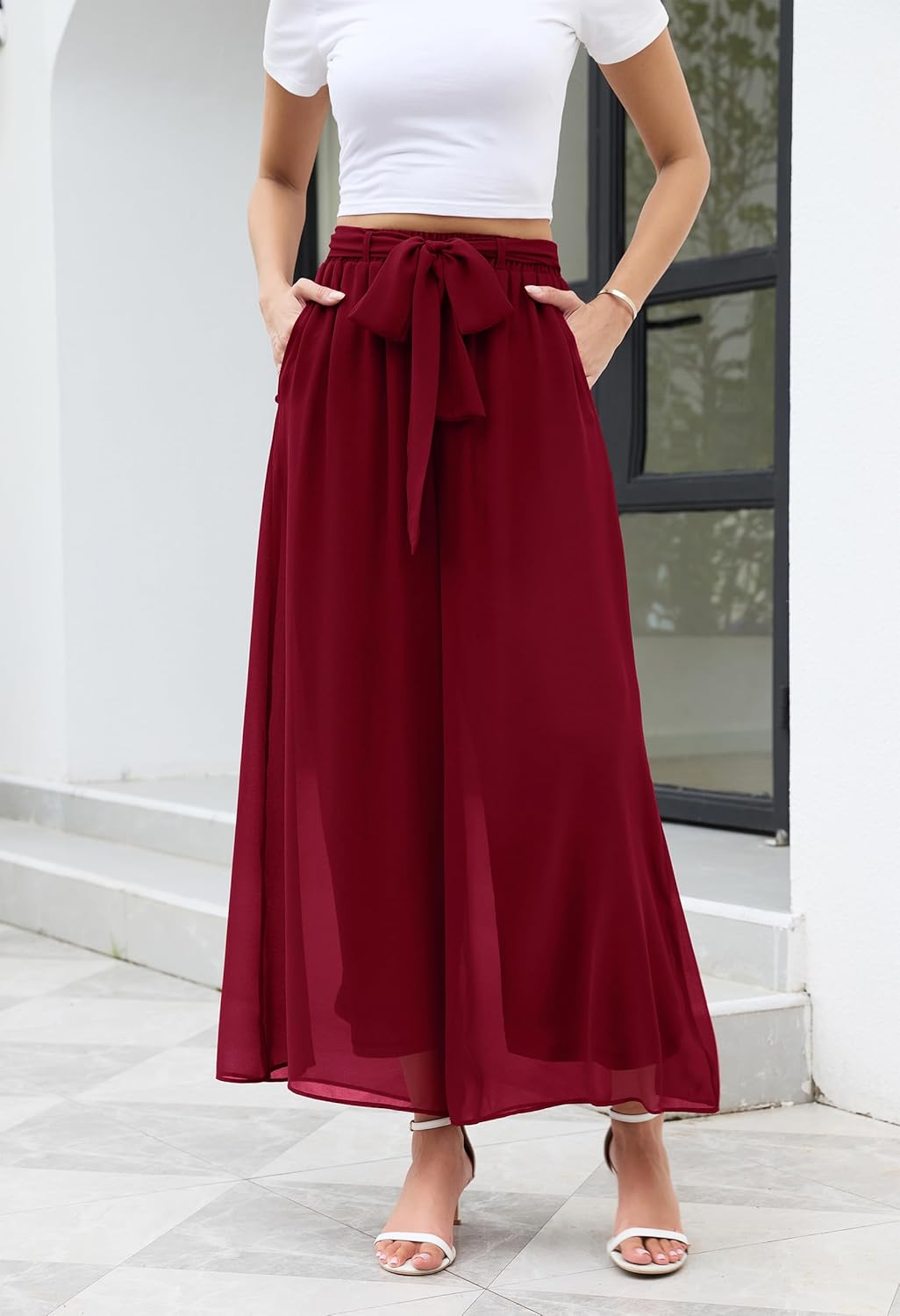 WANGZHI Women's Wide Leg Chiffon Dress Pant Elegant Party Elastic Waist Trouser with Pockets - Image 2