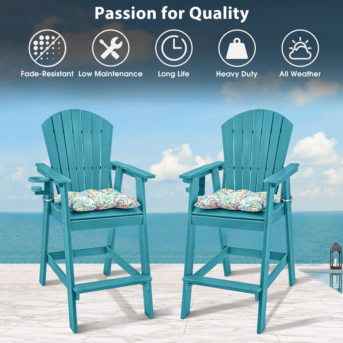 Sundale Outdoor Adirondack Bar Chairs Set of 4, Patio HDPE Bar Stools with Backrest, 30 Inch Seat Height Bistro Tall Dining Counter Barstools with Cushion (Turquoise, 4 Stools)
