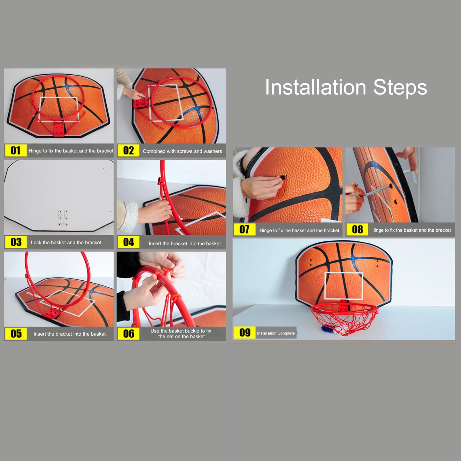 Aro de baloncesto montado en la pared con tablero de madera y borde de acero para uso en interiores y exteriores