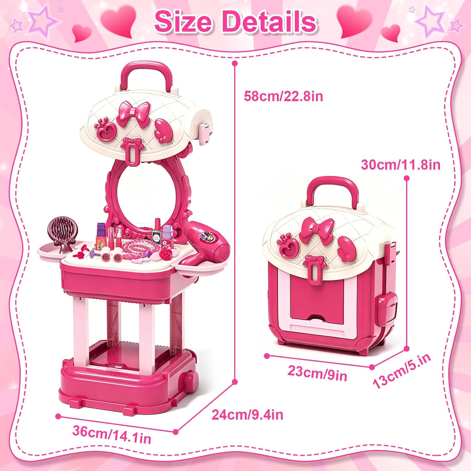 deAO Kids Vanity Set Pretend Play Dress Up with Mirror for Girls | Toddler Makeup Dressing Table with Hair Dryer, Necklace, Stickers. Pretend Play Dress Up Gift for Girls 3-8 Years Old