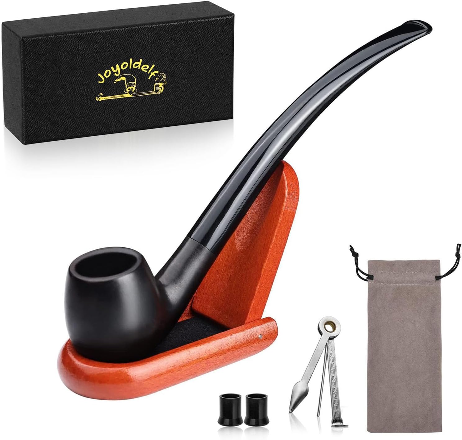 Joyoldelf Tobacco Pipe, Luxury Wooden Smoking Pipe with Pipe Stand, Ebony Tobacco Pipes for Smoking with Pipe Scraper, Gift Box and Smoking Accessories