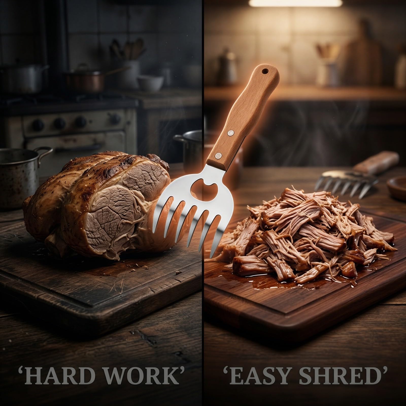 4 Stk. Fleischkrallen für Pulled Pork, BBQ-Krallen aus Edelstahl mit ergonomischem Holzgriff, Fleischgabeln für Huhn, Rind und Truthahn, multifunktionales Fleischwerkzeug mit Flaschenöffner