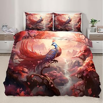 Phoenix Duvet Cover California King, Ink Art Landscape Phoenix Bedding Set 3 Piece Bedroom Decor Ancient Myth Birds Comforter Cover and 2 Pillow Sham with Zipper Closure