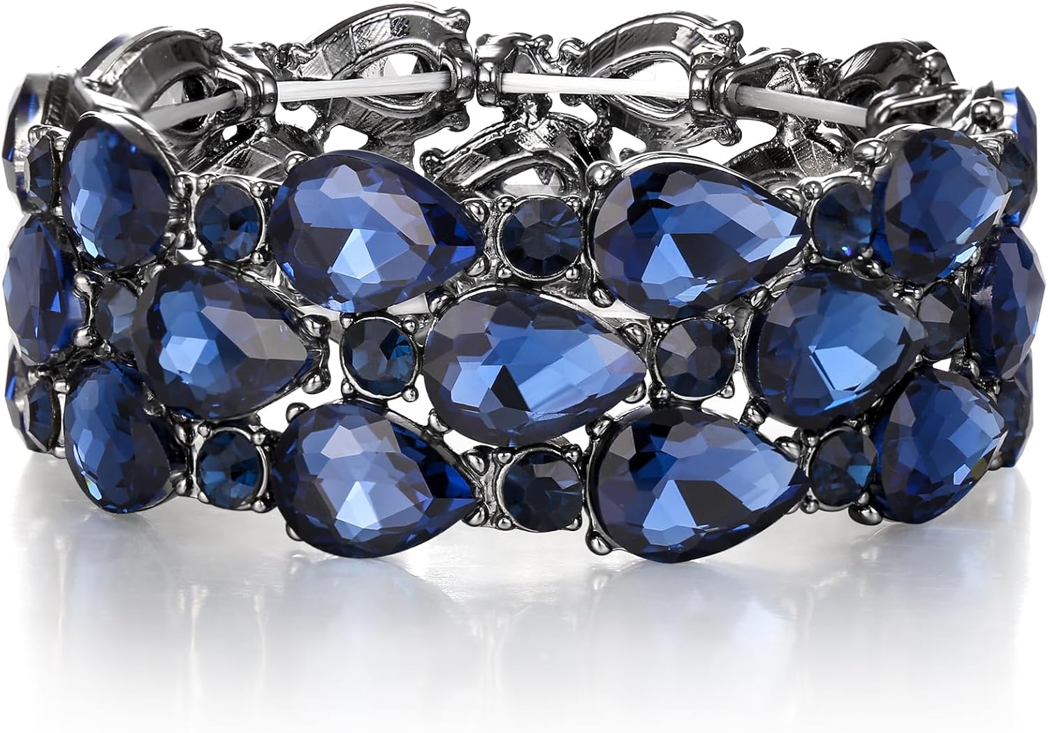 BriLove Wedding Bridal Elegant Crystal Double Row Teardrop Cluster Stretch Bangle Bracelet for Bride