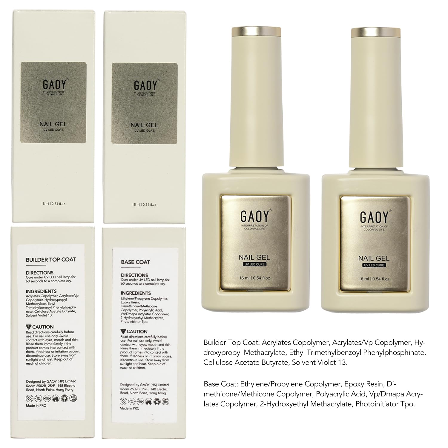 GAOY Builder Top Coat Gel and Base Coat Set, 2 Pcs 16ml Clear Rubber Top Coat and No Wipe Foundation Combination for UV Light Cure Gel Nail Polish