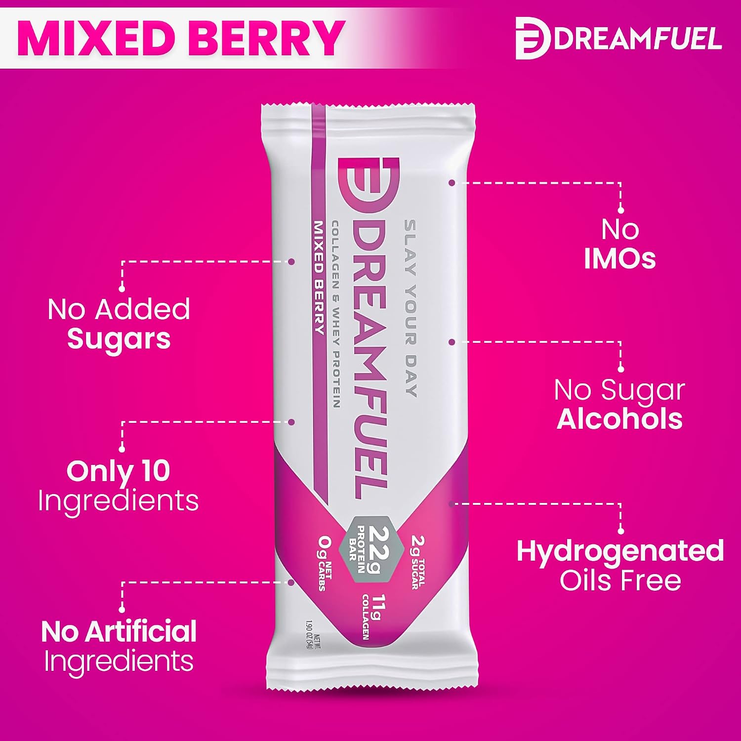 DREAM FUEL High Protein Bar, Mixed Berry, 22g Protein, 11g Collagen, 0g Net Carbs, Low Sugar, Low Carb, Low Calorie, No Sugar Alcohols, No Added Sugar, Gluten Free, Keto Friendly, Non-GMO