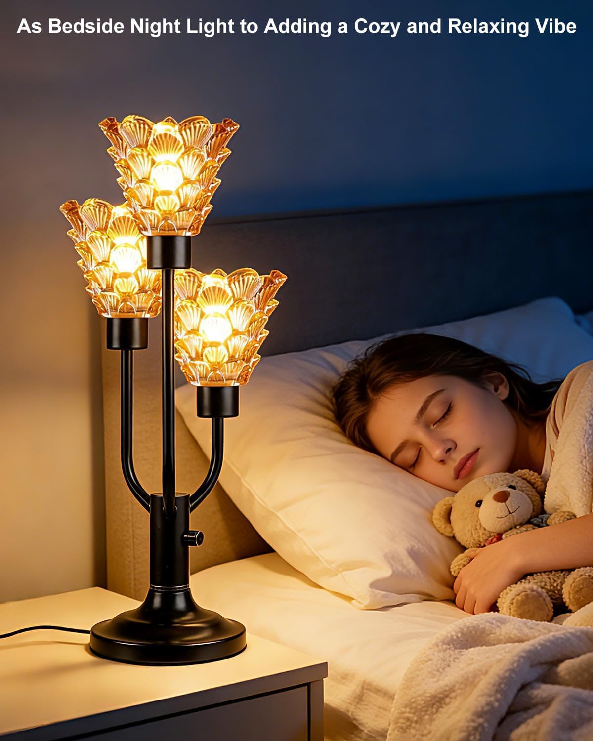 Glass Vintage Table Lamp Dimmable Nightstand Lamp Mid Century Modern Black Desk Lamp Brown Glass 3 Bulbs Included Warmwhite Ambient Bedside Lamps for Living Room Bedroom Office Home Decor