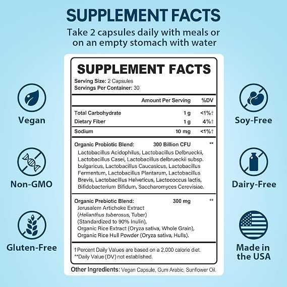 Probiotics for Women & Men, 300 Billion CFU Probiotics from 12 Strains + Organic Prebiotics Blend for Daily Digestive, Immune, Gut, Bloating, Gut Health for Women & Men, Shelf Stable - 60 Capsules