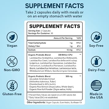 Probiotics for Women & Men, 300 Billion CFU Probiotics from 12 Strains + Organic Prebiotics Blend for Daily Digestive, Immune, Gut, Bloating, Gut Health for Women & Men, Shelf Stable - 60 Capsules