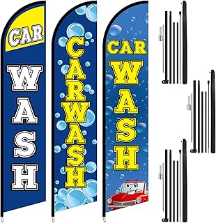3 Pcs Car Wash Sign Car Wash Flags with 15ft Pole Business Feather Flag Banner Vehicle Clean Advertising Flags for Outdoor Business Advertising and Events Publicity