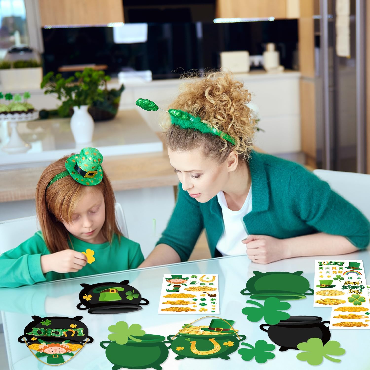 tineit 24 Packs St Patricks Day Crafts, DIY Pot of Gold Decor and Shamrocks Cutouts Set for St. Patrick's Day Activities Displays, Irish Saint Patricks Decorations Gold Coins Cutouts Leprechaun Hat