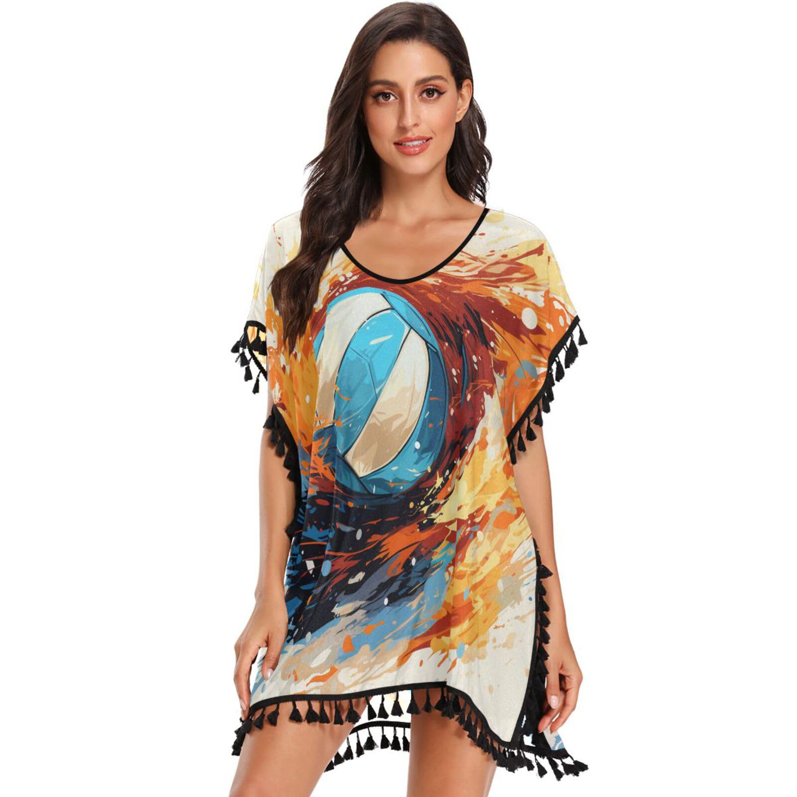 Volleyball Blue Fire Water Art Women's Beach Cover Up Chiffon Tassel Swimwear Swimsuit Coverups for Girl