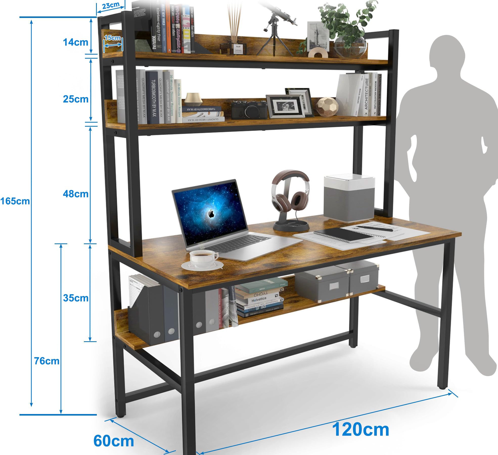 Schreibtisch Mit Regal 120x60 Cm – Mit Aufsatz, Stauraum & Verstellbaren Füßen, Ideal Für Homeoffice