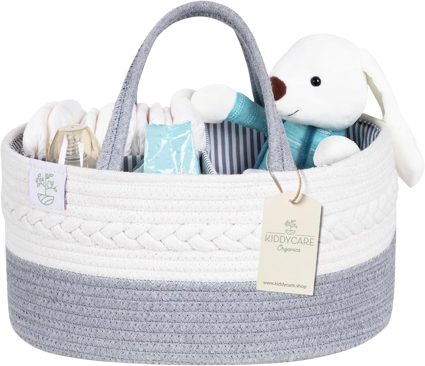 KiddyCare Woven Diaper Nappy Caddy Basket with Handle Lid | Diaper Caddy Basket with Dividers for Baby Boy/Girl, Diaper Tote Bag for Bady Storage for Car | Baby Nursery Canvas Caddy | Gray Regular