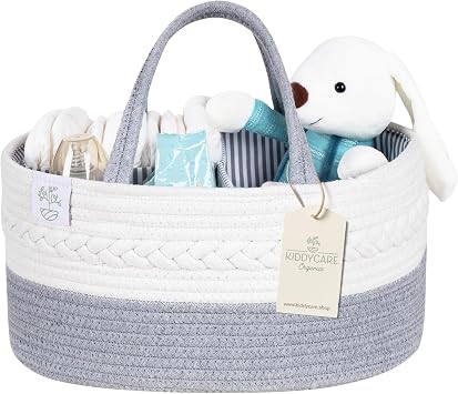 KiddyCare Diaper Caddy Organizer for Baby Nursery With Handle Lid | Nursing Basket With Changing Table Cart | Rope Diaper Organizer for Car | Newborn Caddy | Grey X-Large