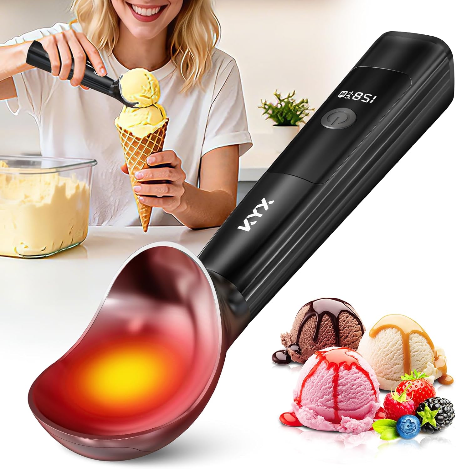 KYX Heated Ice Cream Scoop, Electric Ice Cream Scoop with 3 Temperature Settings, 3200mAh Battery, ON/OFF and LED Display, Ideal for Scooping Hard Ice Cream, Gelato & Frozen Desserts