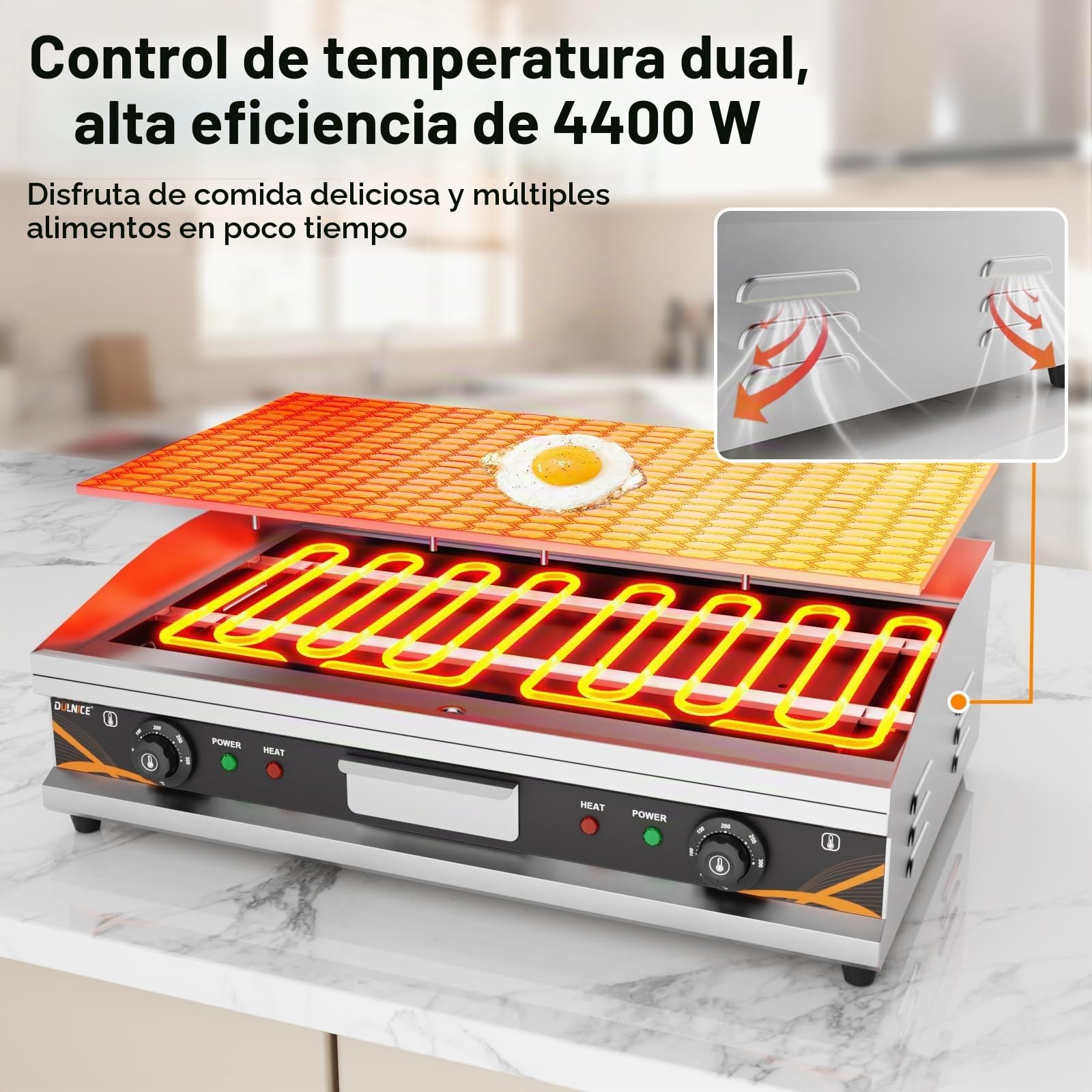 Plancha Electrica Profesional de Acero Inoxidable 73 x 40 cm Plancha Cocina Electrica 4400W, Temperatura Ajustable 50-300 °C con Bandeja Recoge Grasa, Antisalpicaduras, Fácil de Limpiar