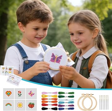 6 Pcs Cross Stitch Beginner Kit for Kids 8-15, Includes 6 Embroidery, 12 Colorful Embroidery Threads,6 Embroidery Needles,2Embroidery Hoops&Instructions - Heart Butterfly Rainbow Flower Sun Strawberry