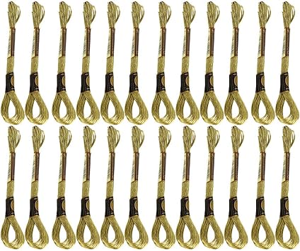 Metallic Embroidery Skein Threads for Hand Embroidery, 24 Pcs Light Gold Cross Stitch Floss for Friendship Bracelets and DIY Craft Projects