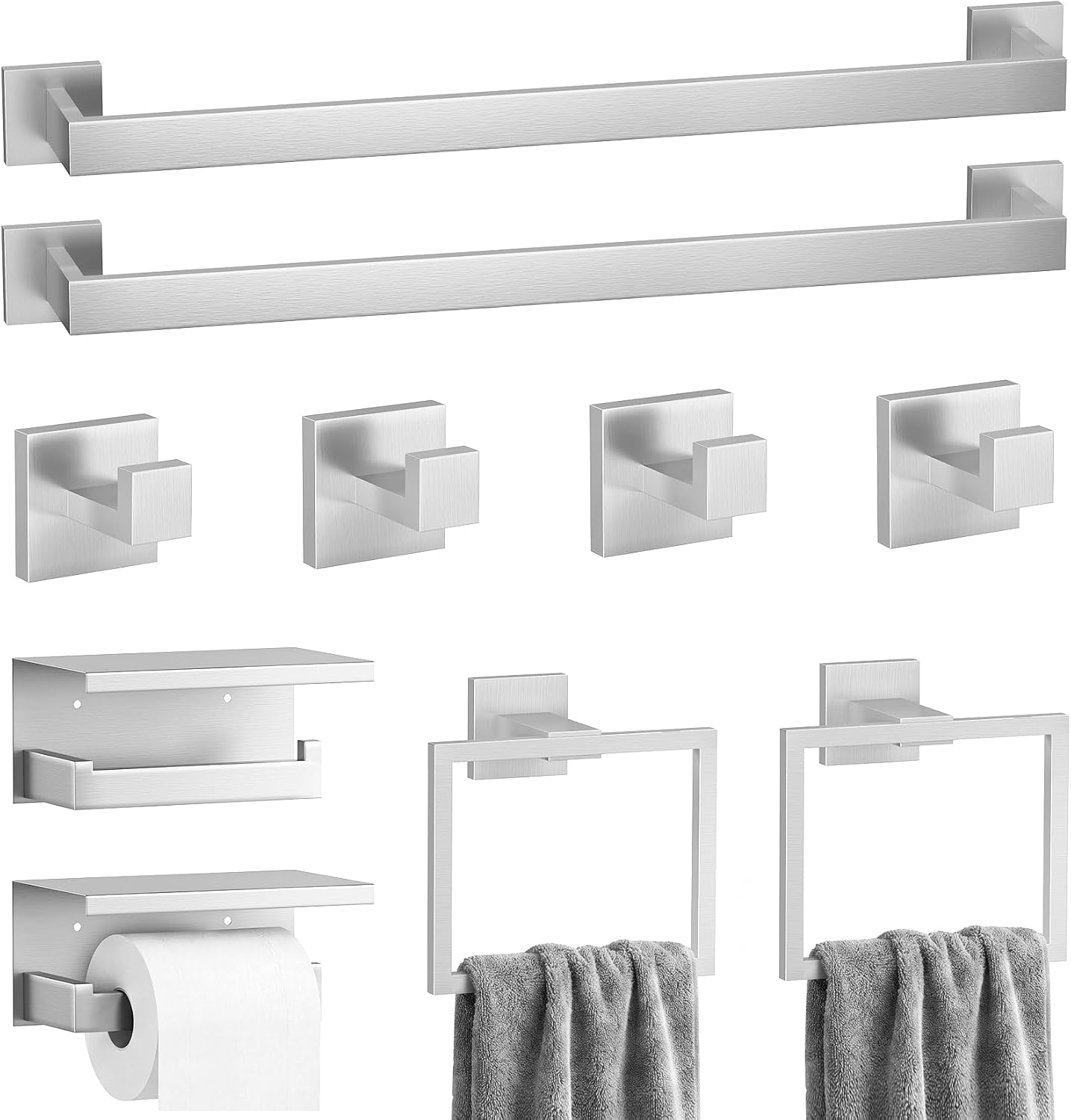 10-Piece Brushed Nickel Bathroom Hardware Set SUS304 Stainless Steel, 2×23.6" Towel Bars, 2 Towel Rings, 2 Toilet Paper Holders & 4 Towel Hooks Wall Mounted Bathroom Accessories Set