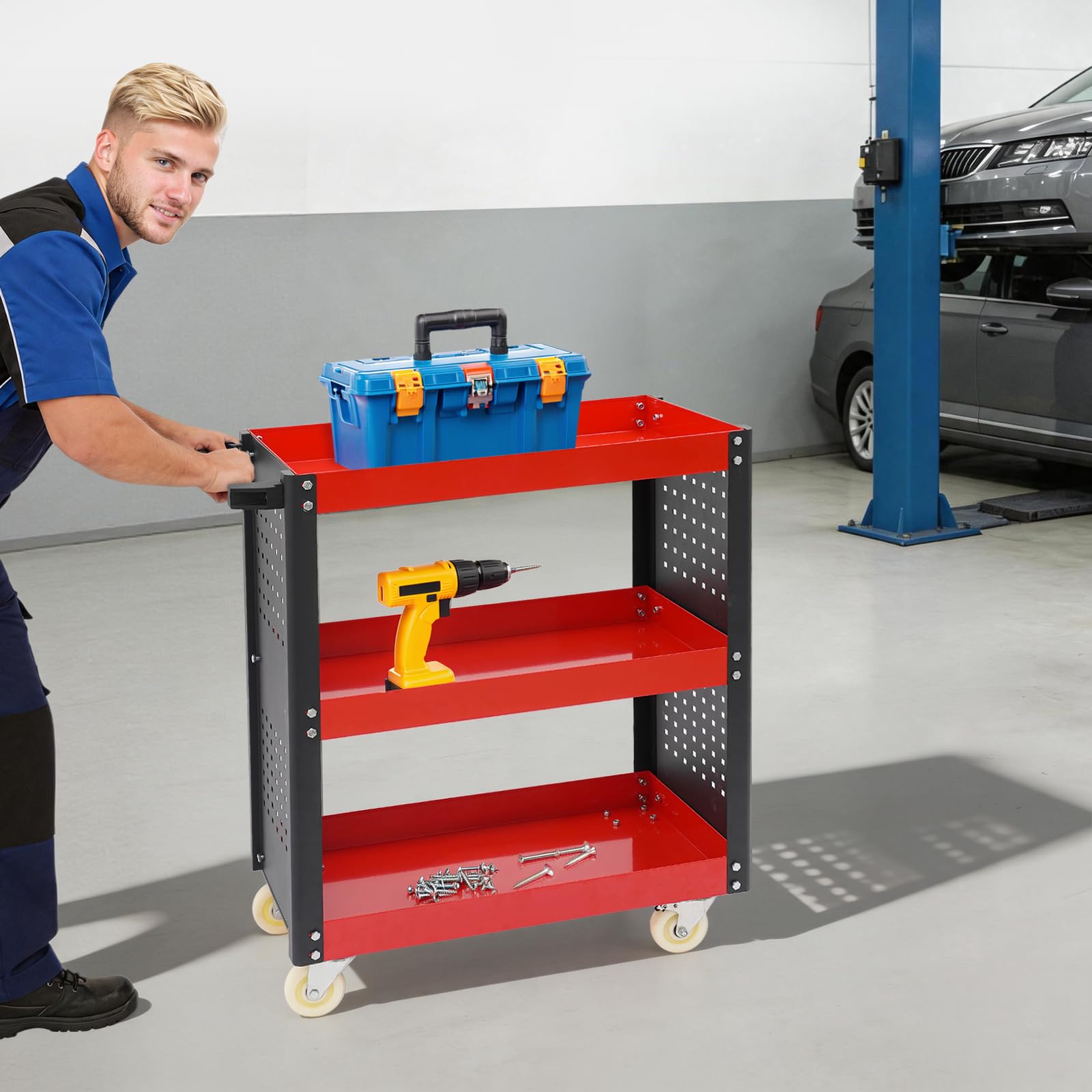 Carrello portautensili a 3 livelli in acciaio con ruote e parete forata | 3 ripiani, 4 ruote, 2 freni di stazionamento, maniglia laterale, 86,95 x 39 x 98,75 cm, officina, garage, magazzino
