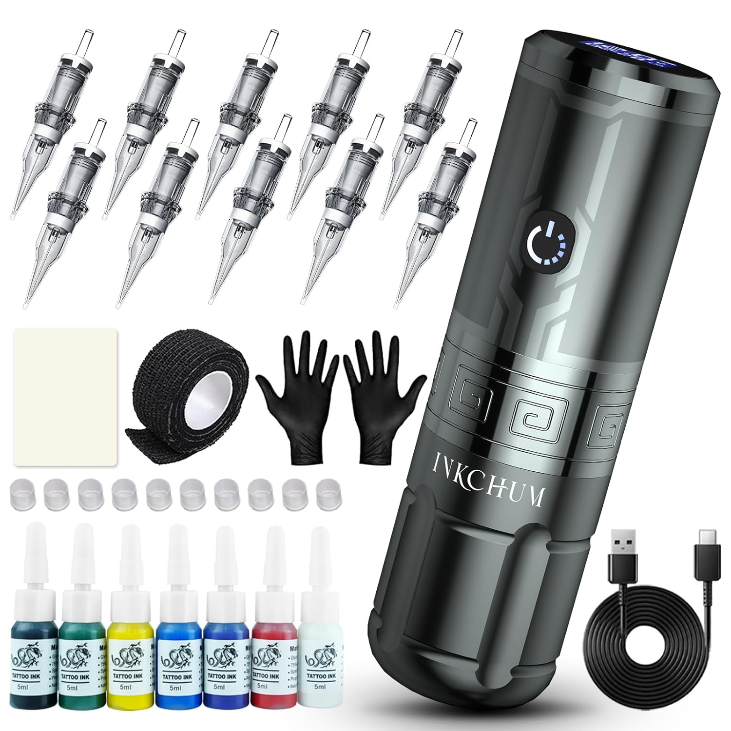 Wireless Tattoo Machine Kit, Rechargeable Rotary Tattoo Pen Kit with OLED Display 2000mah Batteries for Long-Time Tattoo Work, 12W Coreless Motor for Professional and Beginners (Silver, K6031)