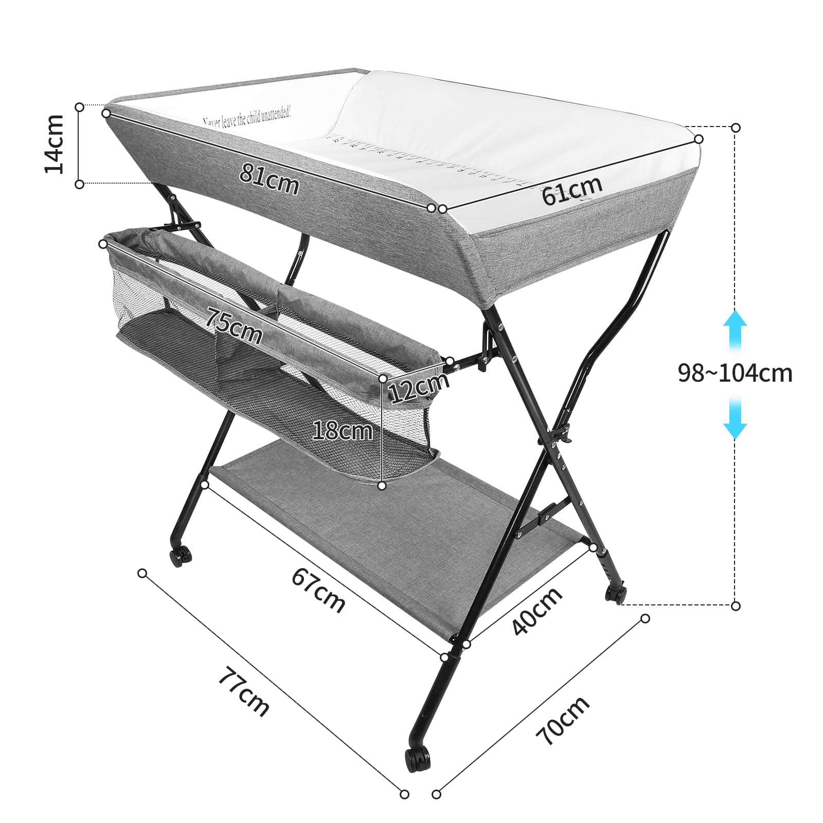 WODFARR - Mesa cambiador plegable con cesta de almacenamiento, mesa de pañuelos, plegable y portátil, tela de PVC+Oxford impermeable, ajuste de altura a 4 velocidades, B-gris