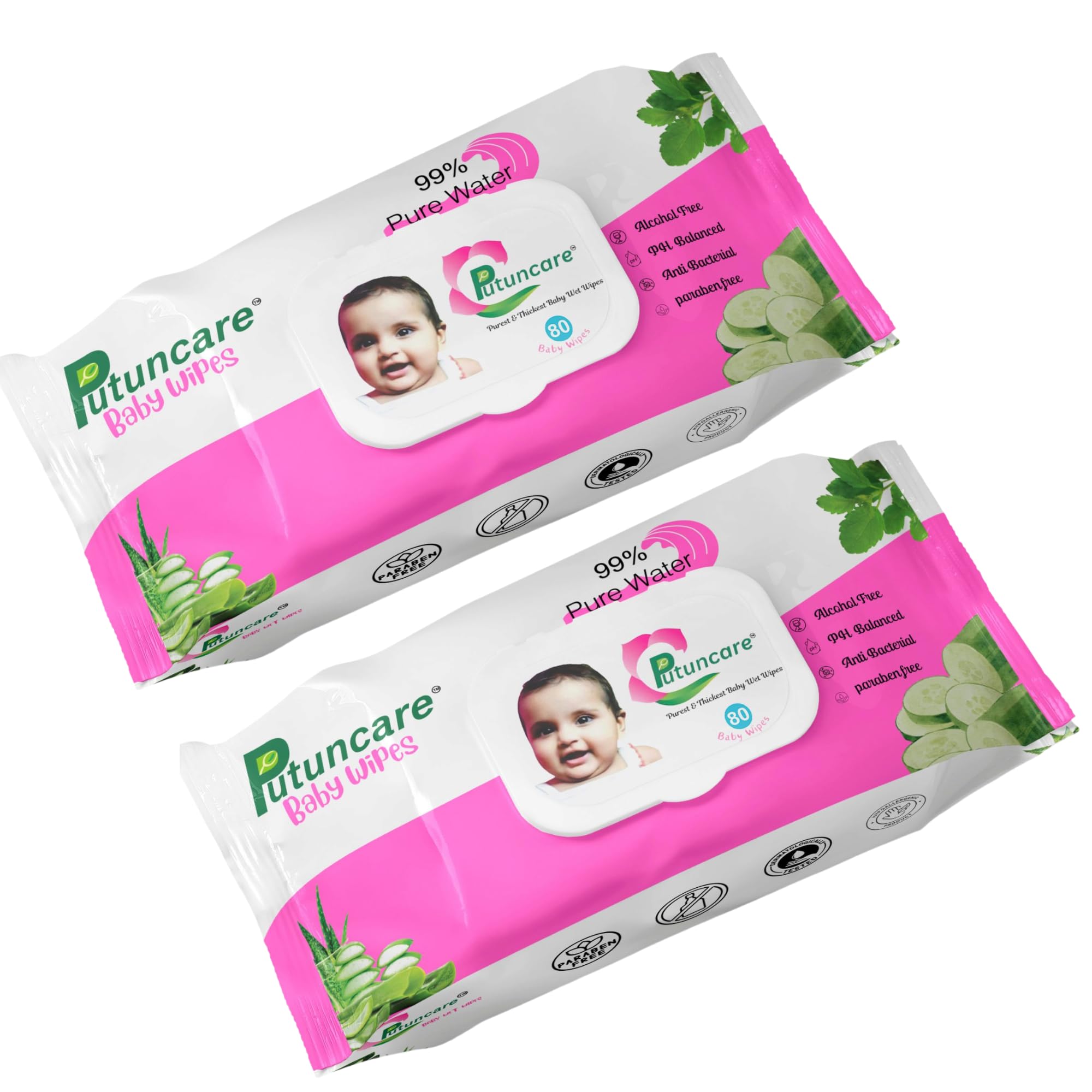 Putuncare Baby Wipes with 99% Pure Water – 80 Wipes per Pack (Pack of 2, Total 160 Wipes) | Aloe Vera & Cucumber | pH Balanced, Paraben-Free-image-21