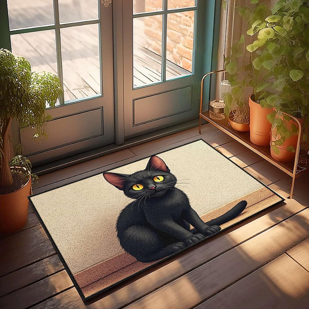 Tapis chat noir yeux jaunes grand paillasson accueillant et réconfortant 65 x 90 cm