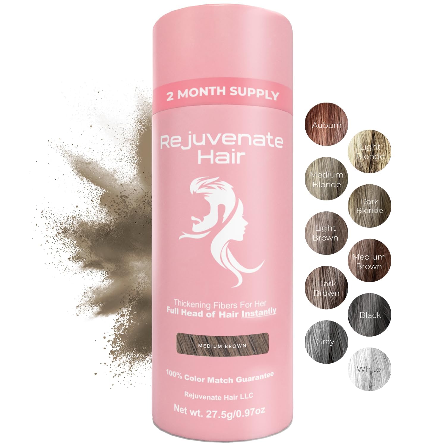 Fibers for Thinning Hair (Medium Brown), Undetectable Hair Powder for Women & 100% Natural Hair Building Fibers - Conceals Hair Loss - Bald Spot Cover Up Hair Powder, 2 Month Supply
