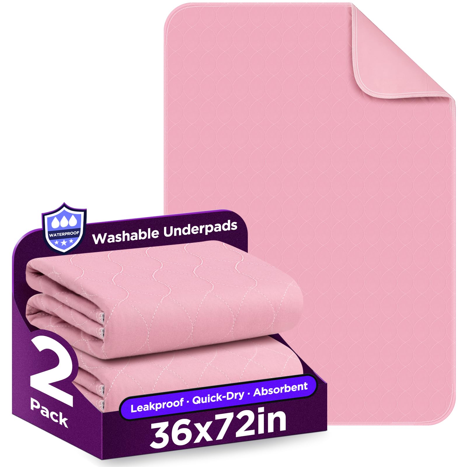 Washable Bed Pads 36" x 72" - 2 Pack, Pink, Waterproof Bed Pads for Incontinence, Bed Wetting Pads for Bed, Sofa, Floor, Resuable Underpads for Adults, Seniors, Pet