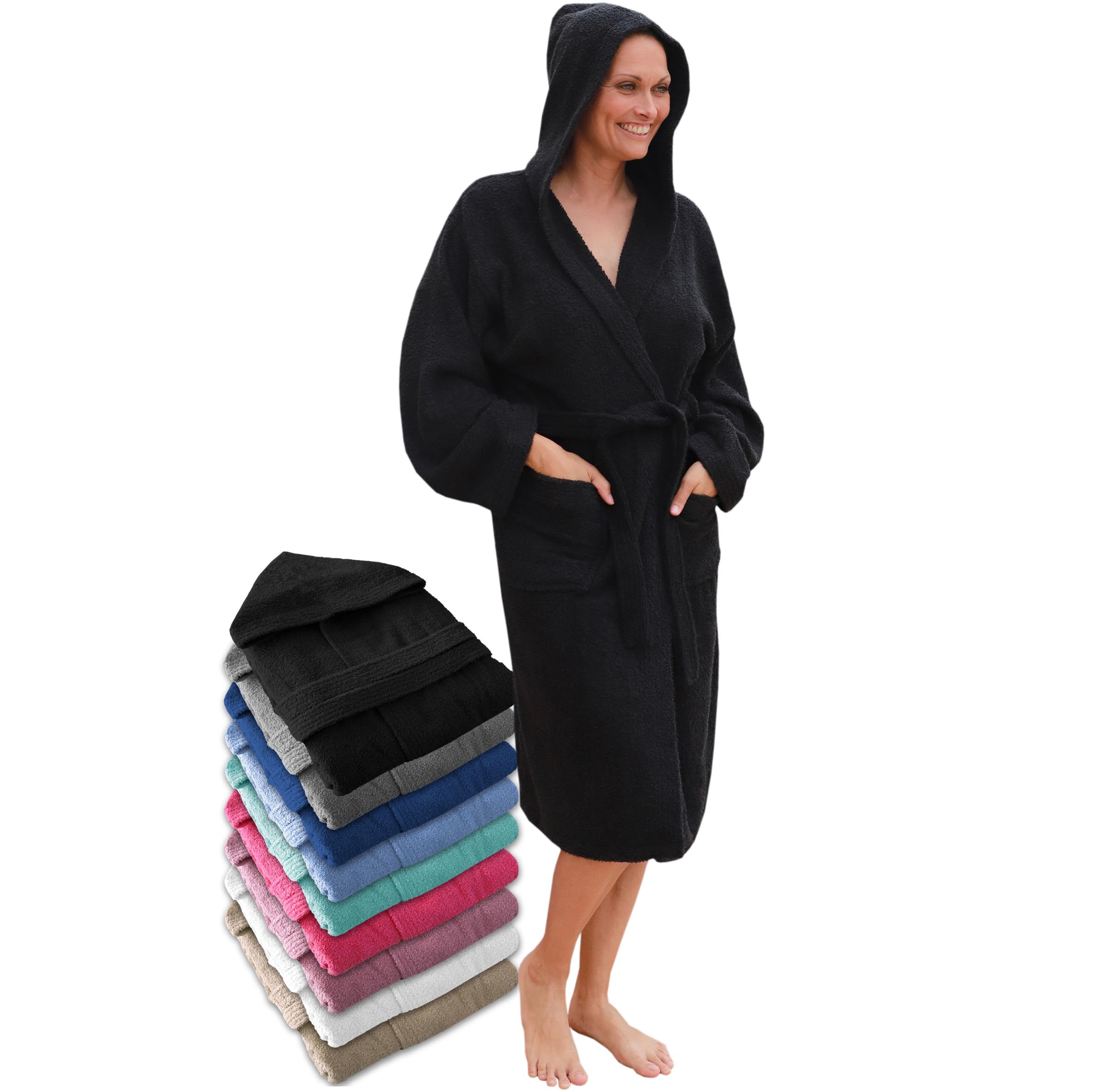 LEBENGOOD Peignoir de bain à capuche, pour femme et homme 100% coton éponge 400 g avec ceinture, poches, douche, peignoir doux, serviette